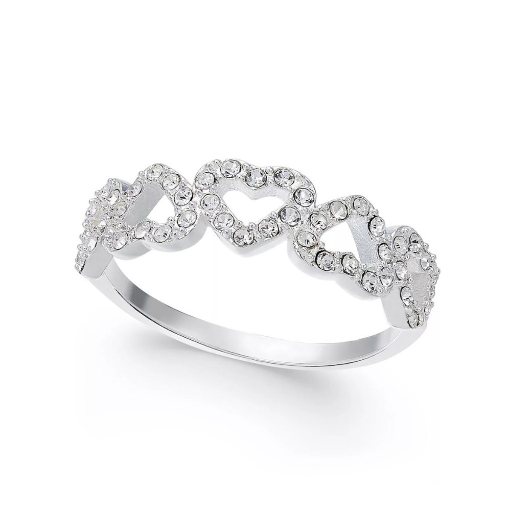 New CHARTER CLUB Fine Silver Plate Pavé Open Heart Ring